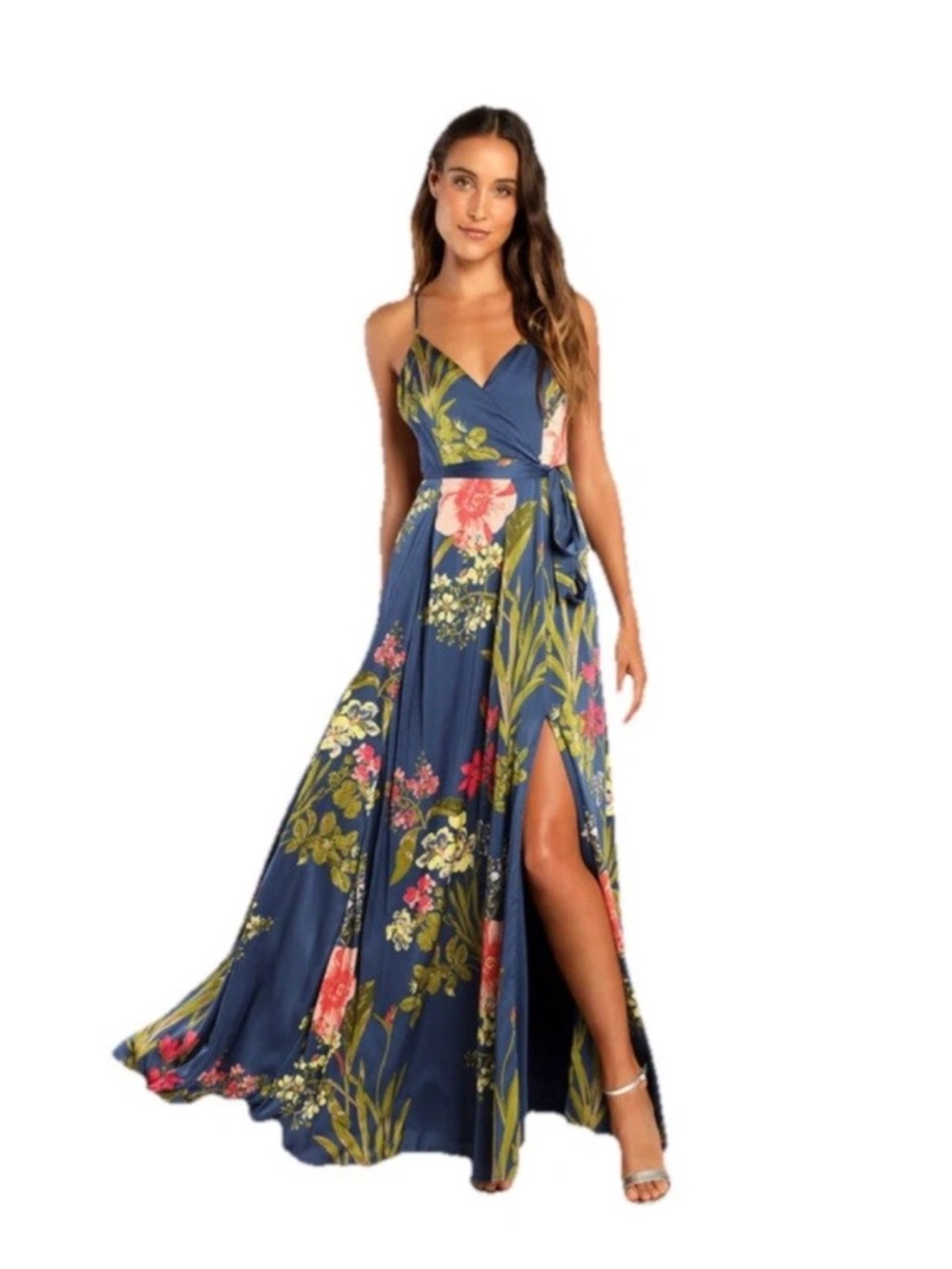 Lulus Still the One Blue Floral Satin Maxi Dress Summer Wedding Women’s *flaw*